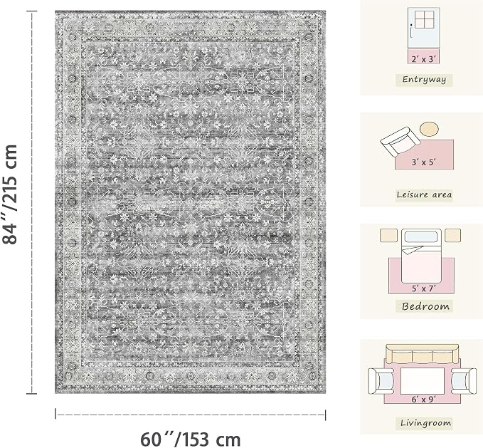 Latte&Fog 5x7 Grey Rugs for Living Room, Vintage Washable Area Rug for Bedroom - Image 2