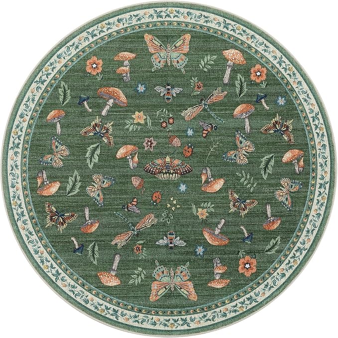 Mushroom Insect 3ft Round Rug Washable Non-Slip Soft Ultra-Thin Small Boho - Image 3