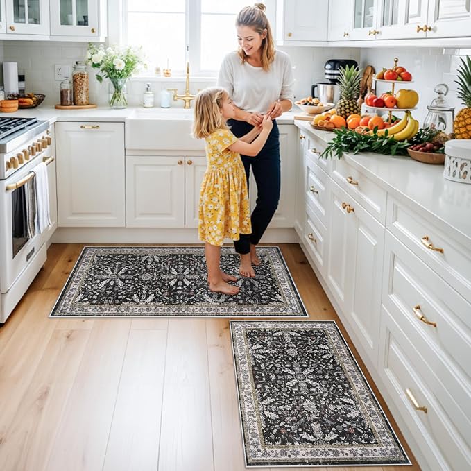 Kitchen Rugs Set of 2 Washable Non Slip – Soft Low Pile Boho Floral Decorative - Image 3