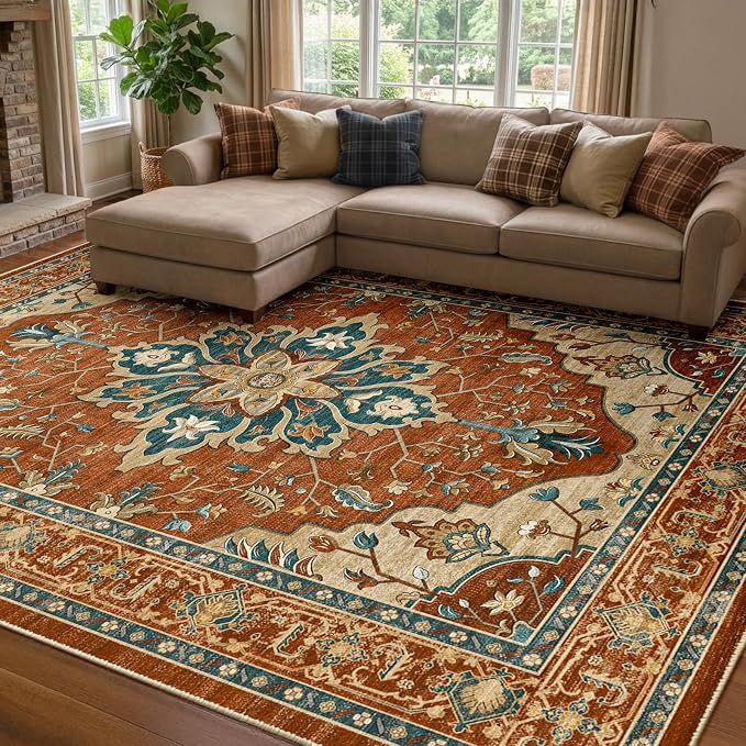 RELEANY Area Rugs 8'x10' Washable Non-Slip, Floral Vintage Distress Medallion by RELEANY