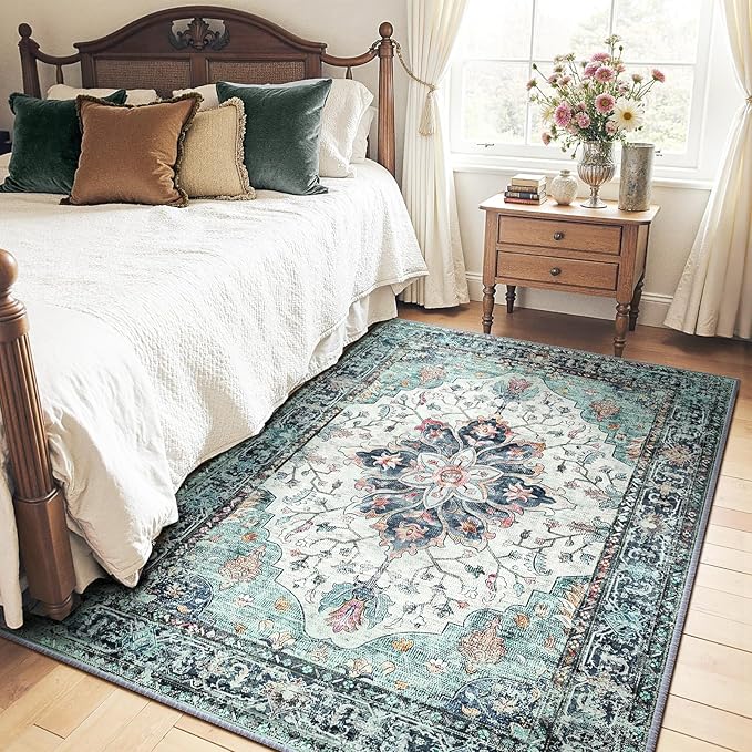 RELEANY Area Rugs 4'x5' Washable Non-Slip, Floral Vintage Distress Medallion - Image 2