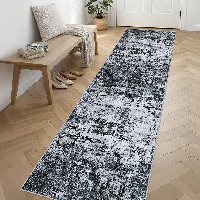 2.6'x14' Runner Rug Washable Rug: Modern Abstract Soft Thin Runner Rug Black - Image 3