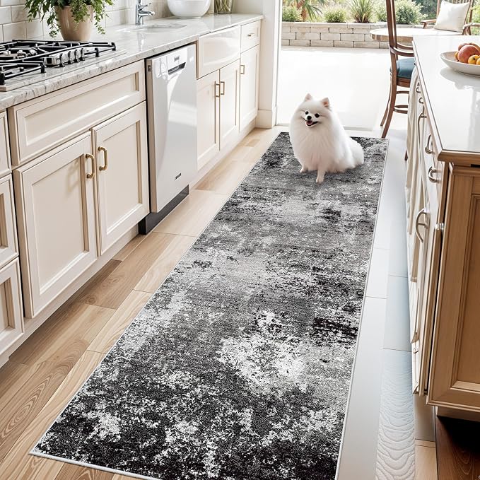 3x8 Washable Hallway Runner Non-Slip Abstract Modern Neutral Wide Carpet Runner by BYYVOORugsforYourHome