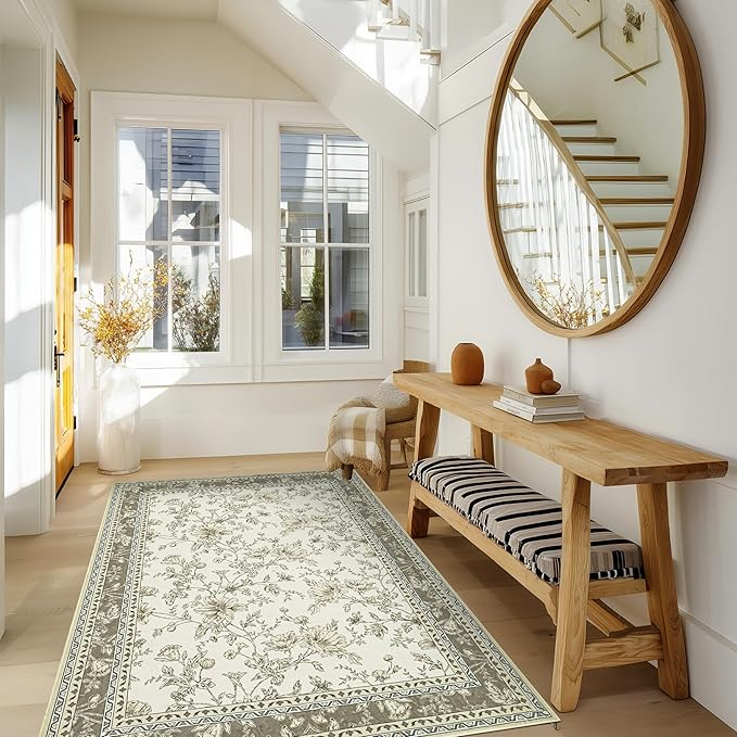 Floral Boho Rug 4x6 Washable Non Slip Area Rug Bohemian Carpet Door Mat Taupe - Image 2