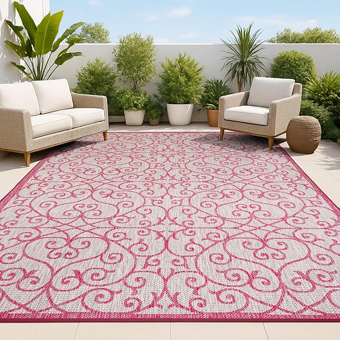 JONATHAN Y Vintage Filigree Indoor Outdoor Area Rug 9X12 Light Gray/Fuchsia by JONATHANY