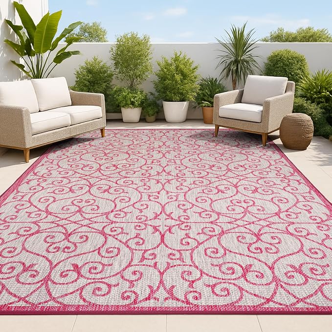 JONATHAN Y Vintage Filigree Indoor Outdoor Area Rug 5X8 Light Gray/Fuchsia by JONATHANY