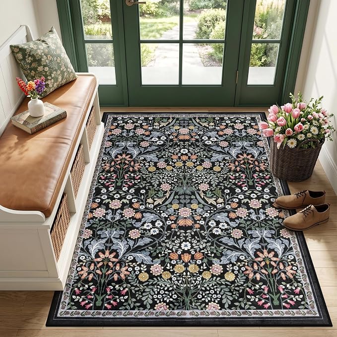 Area Rug Living Room Rugs: Floral 3x5 Washable Rug Vintage Soft Boho Non-Slip by PLHXFRSoftAreaRugs