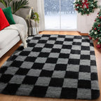 KICMOR Black and Grey Area Rug for Bedroom, 4x6 Fluffy Fuzzy Shag Checkered - Image 9