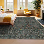Vintage Dark Green Living Room Rug, 7x10 Washable Area Rugs - Image 6