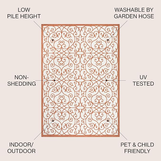JONATHAN Y Vintage Filigree Indoor Outdoor Area Rug 4X6 Cream/Orange, Madrid - Image 2