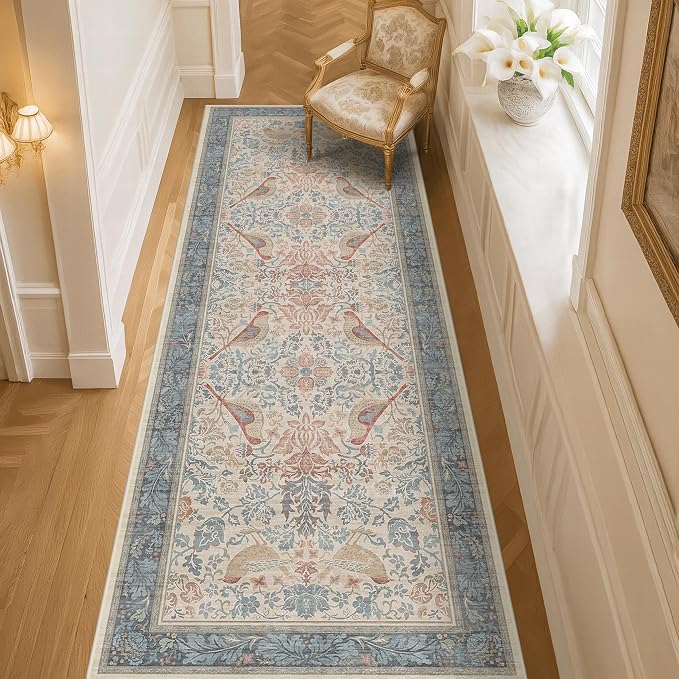 Hazo Haus Natural Red Blue 2'6"x8' Hallway Runner Rug, Boho Kitchen Floor Mat - Image 3