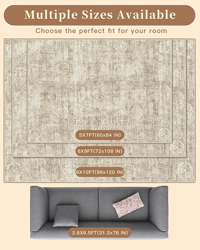 Madane 8x10 Area Rugs for Living Room, Machine Washable Vintage Beige Rug - Image 9