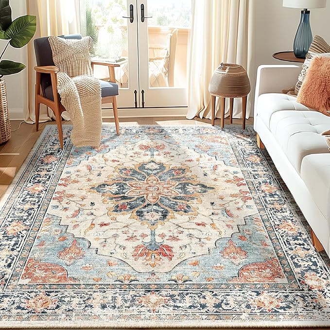 RELEANY Area Rugs 5'x7' Washable Non-Slip, Floral Vintage Distress Medallion by RELEANY