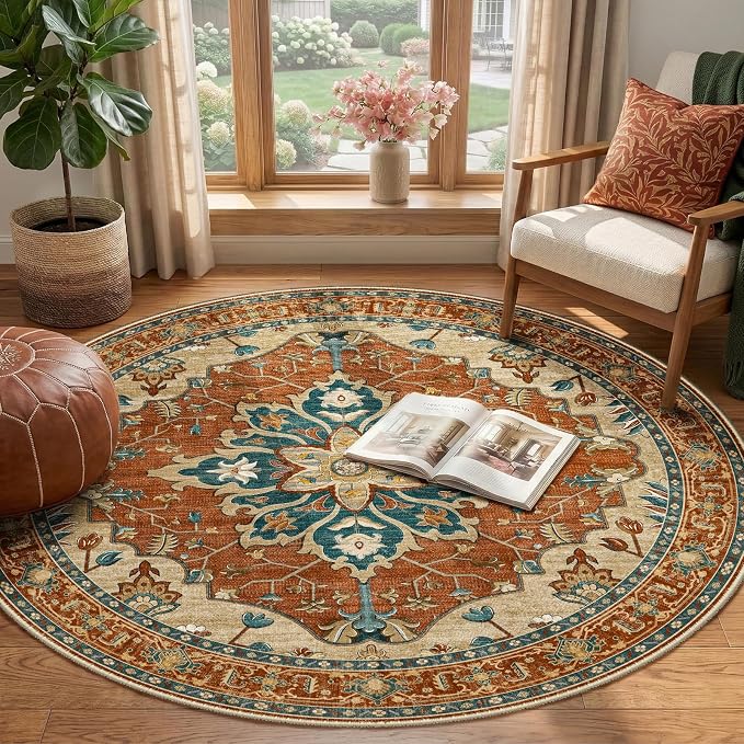 RELEANY Area Rugs Round 4ft Washable Non-Slip, Floral Vintage Distress - Image 2