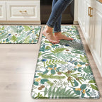 White Green Botanical Kitchen Rugs Set of 2 Plant Leaf Anti-Fatigue Kitchen Mat by Keensoft