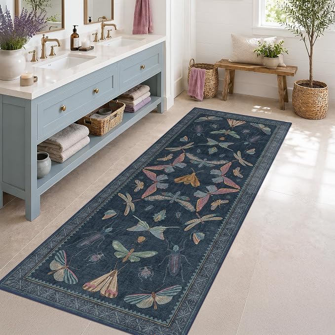 Vintage Navy Blue 2x5 Runner Rug, Washable Insect Carpet by HazoHaus