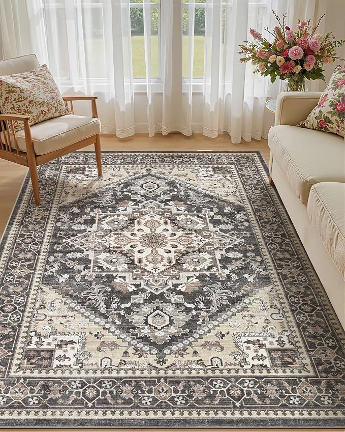 6x9 Vintage Area Rug: Washable Neutral Soft Non Slip Thin Large Floor Carpet by MICGEEK