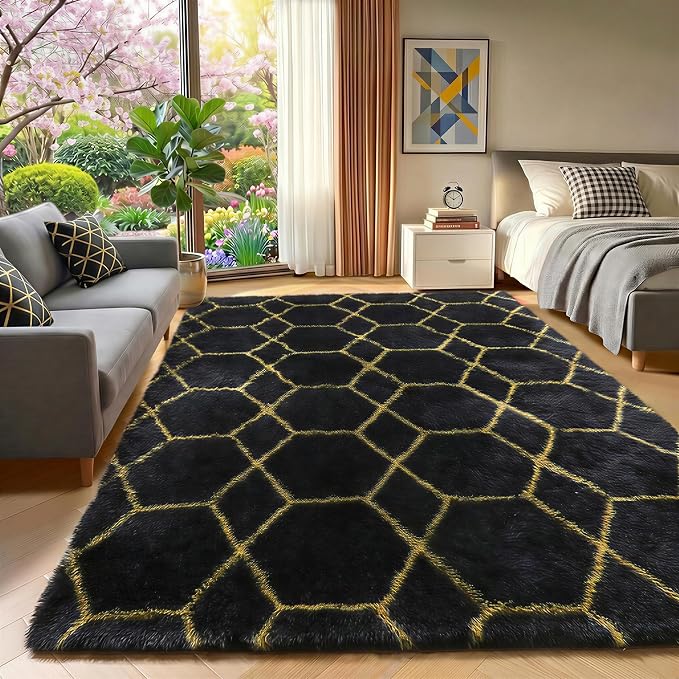 ONASAR Area Rugs for Bedroom Living Room, 4x6 Fluffy Black and Gold Throw Rug - Image 6