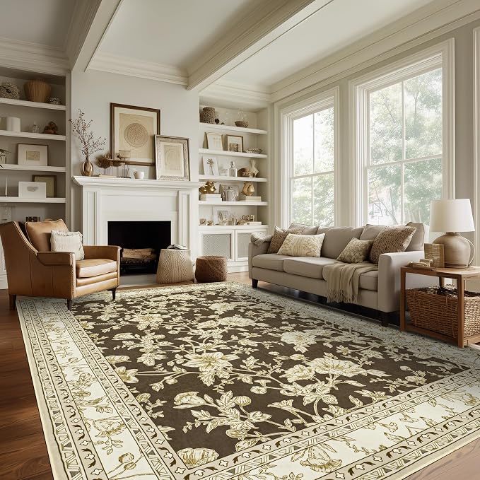 Browm Boho Living Room Rug 5x8, Washable Low Pile Non Slip Area Rugs - Image 7