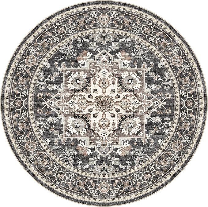6ft Round Area Rug: Washable Vintage Neutral Soft Non Slip Thin Large Floor - Image 9