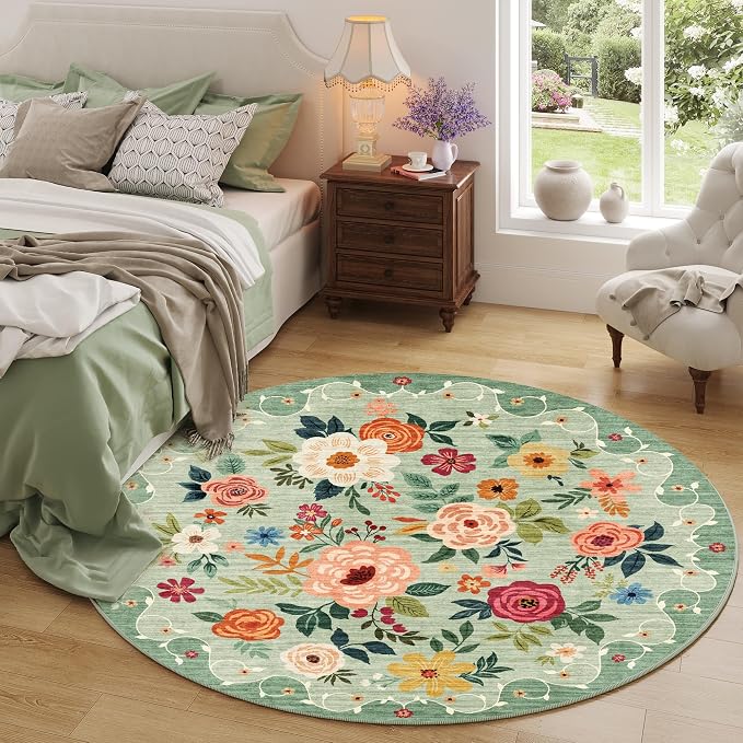 DUKINO Floral Round Rug, 4ft Washable Round Area Rug, Non Slip Indoor Low Pile - Image 3