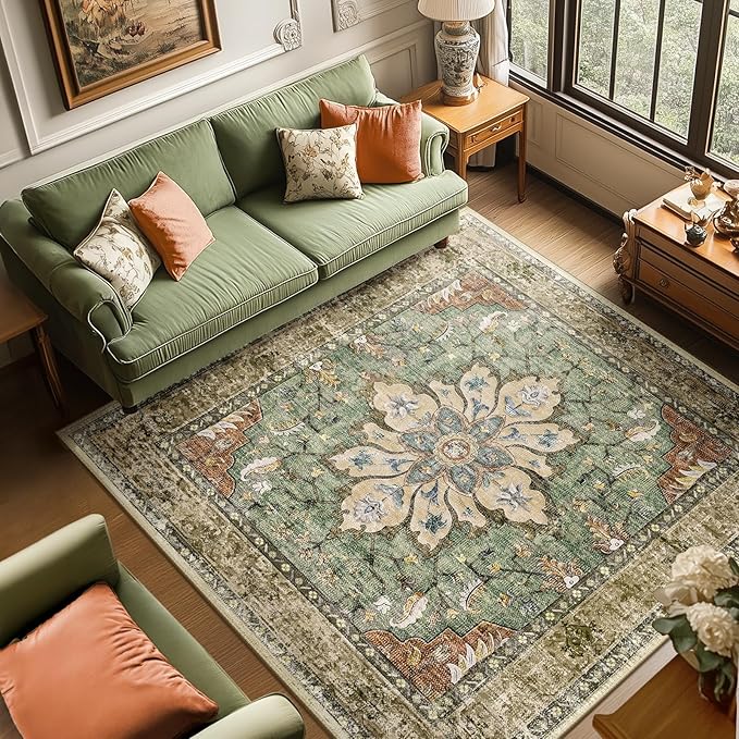 RELEANY Area Rugs Square 8ft Washable Non-Slip, Floral Vintage Distress - Image 2