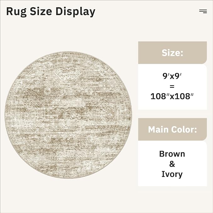Soalmost 9x9 Brown Round Rug 9ft Living Room Circle Rug Vintage Round Area Rug - Image 5