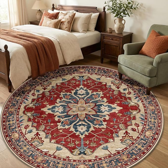 RELEANY Area Rugs Round 6ft Washable Non-Slip, Floral Vintage Distress - Image 3