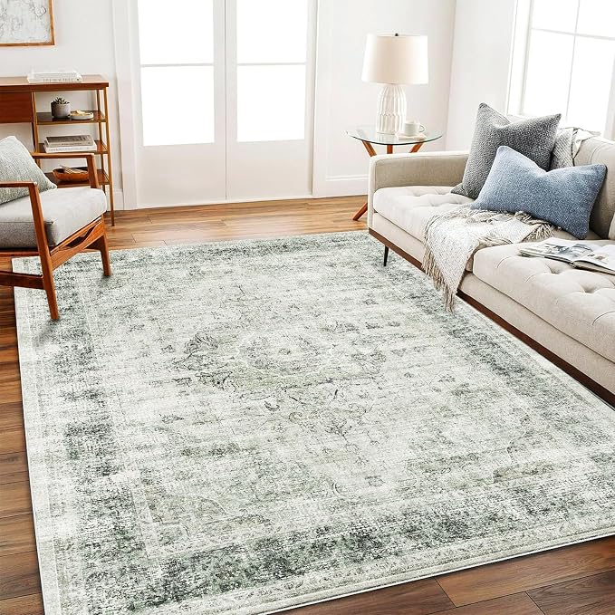 CHAMPLANT Area Rug 5'x7' Washable Rug Floral Green Vintage Traditional Floor by CHAMPLANT