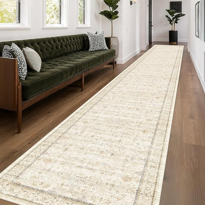 Sand Beige Washable 3x20 Extra Long Hallway Runner Rug, Vintage Farmhouse Rugs by HazoHaus
