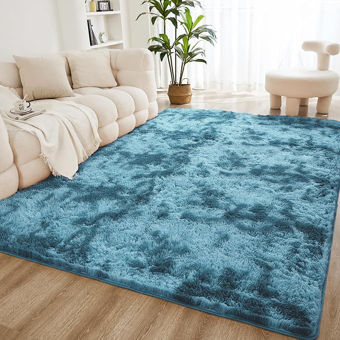 Litanika 8x10 Shag Area Rug for Living Room Bedroom, Tie-Dyed Blue High Pile by Litanika