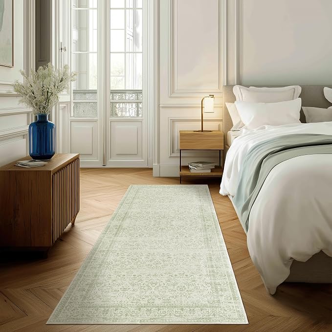 Sage Green 2x6 Runner Rug for Hallway Bathroom Washable Non Slip Vintage Boho - Image 2