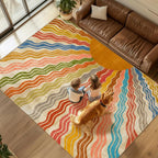 Washable 9x12 Sun Area Rug for Living Room, Rainbow Sun Modern Retro Large Area by GOGINNY