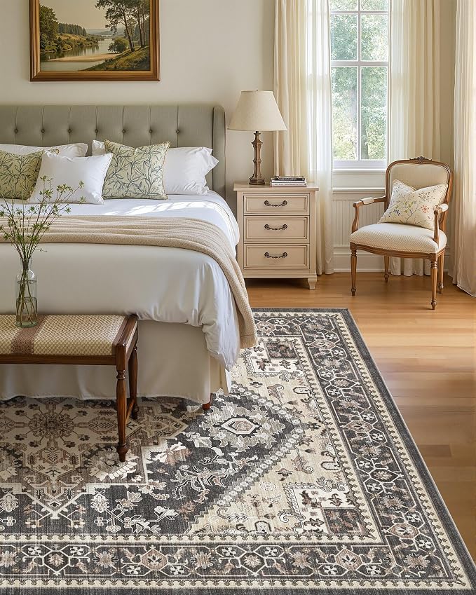 10x12 Vintage Area Rug: Washable Neutral Soft Non Slip Thin Large Floor Carpet - Image 3