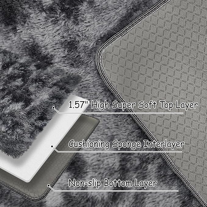 Tie-Dyed Runner Rug for Bedroom Black Grey 2x6ft Fluffy Area Rug Bedside Runner - Image 3