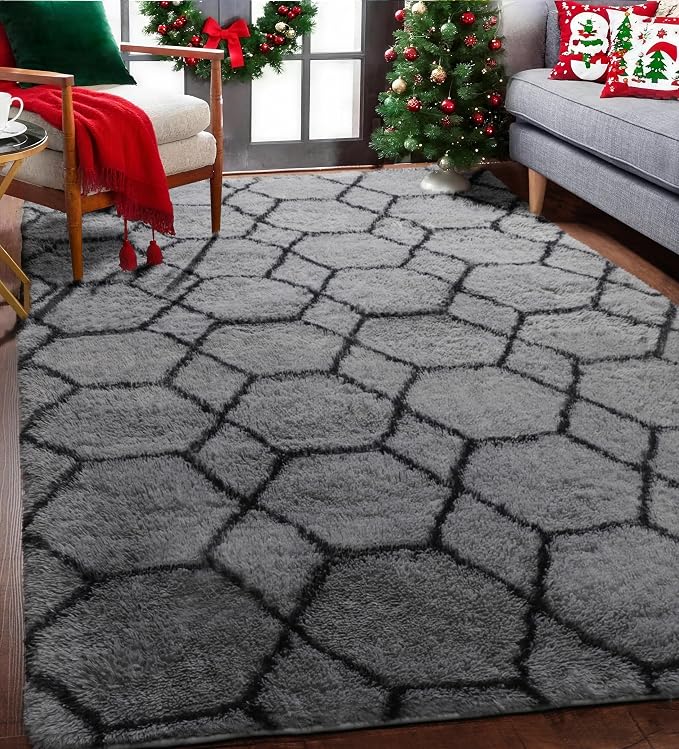 ONASAR Area Rugs for Bedroom Living Room, Fluffy 4x6 Grey and Black Bedside Rug - Image 8