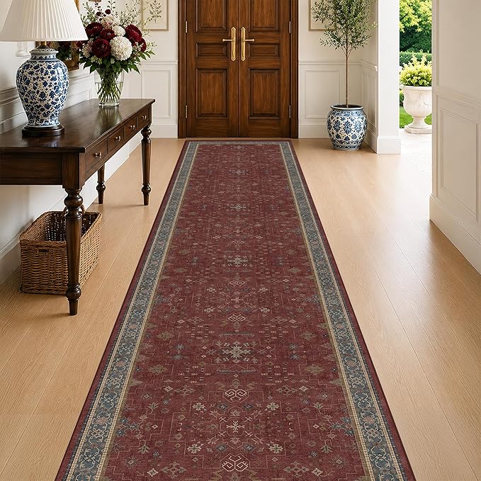 Large Burgundy 3x12 Long Runner Rug by HazoHaus