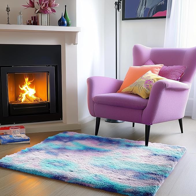 PAGISOFE Furry Rainbow Rugs for Bedroom Girls, 2x3 Soft Purple Shag Tent Rugs - Image 3