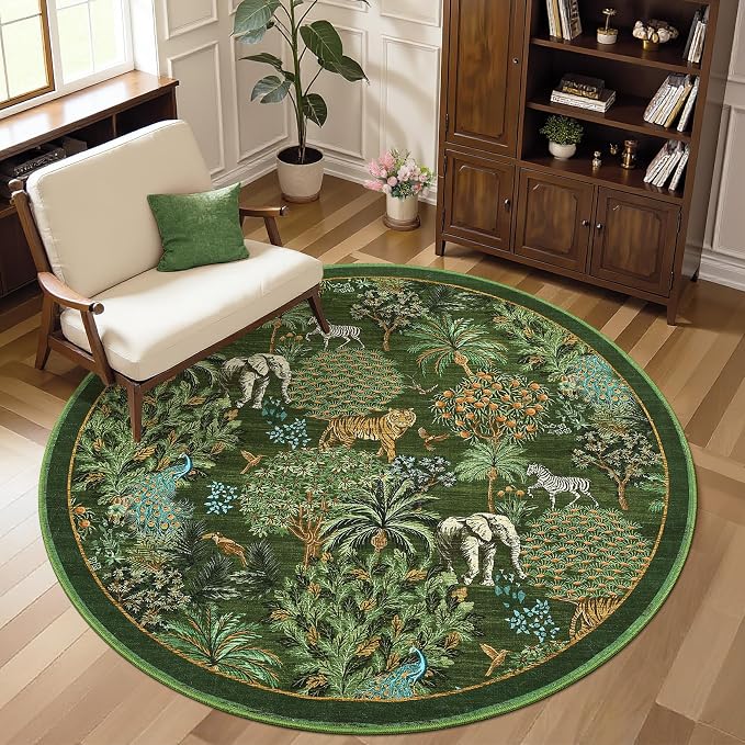 GarveeHome Jungle Round Washable Rugs 4ft Non-Slip Soft Round Rug - Image 3