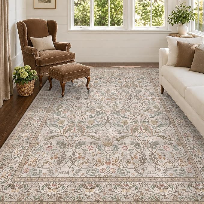 Moss Green 5x7 Washable Living Room Rug, Vintage Farmhouse Dining Room Rugs by Evyhood