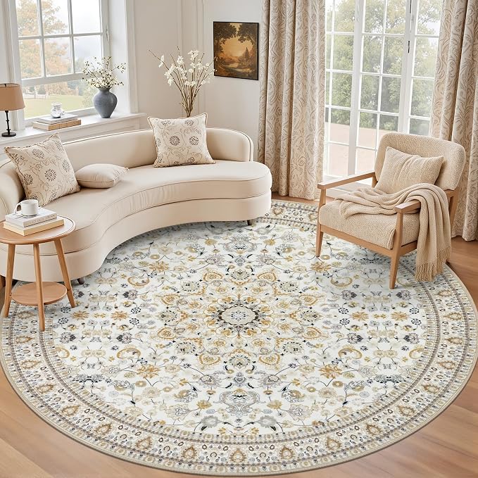 Round Area Rug for Living Room: 4 ft Washable Vintage Boho Soft Thin Circle Rug by EXPEDIX