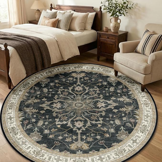 RELEANY Area Rugs Round 6ft Washable Non-Slip, Floral Vintage Distress - Image 2