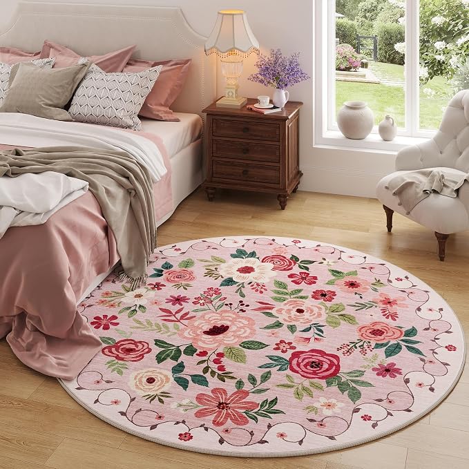 DUKINO Floral Round Rug, 4ft Washable Round Area Rug, Non Slip Indoor Low Pile - Image 3