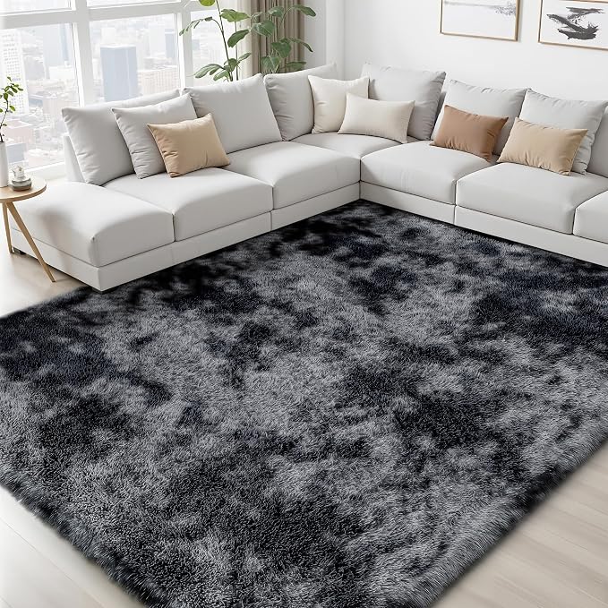 8x10 Area Rugs for Living Room Bedroom: Black Grey Soft Fluffy Shag Upgrade - Image 6