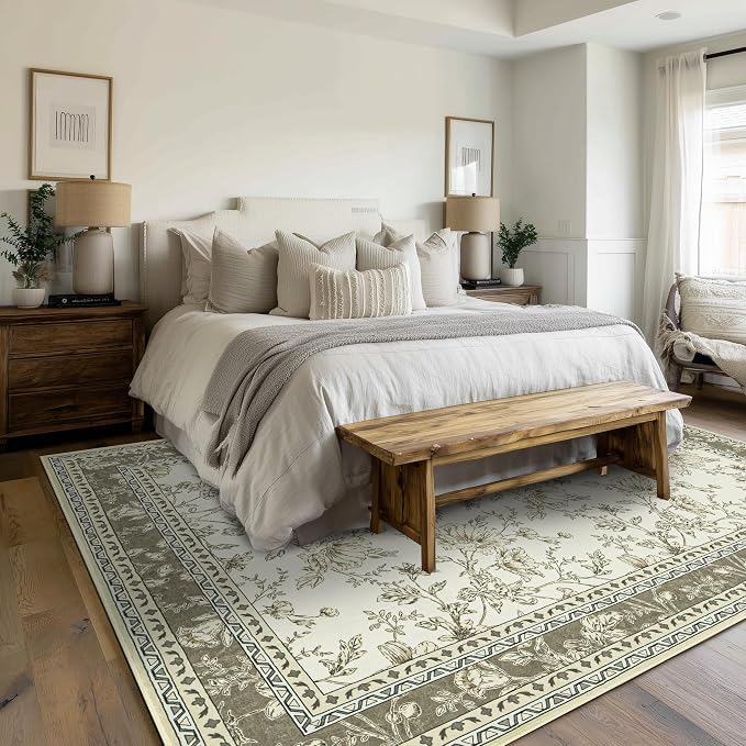 Greyish Beige Floral Rug 5x7 Machine Washable Area Rug - Image 2