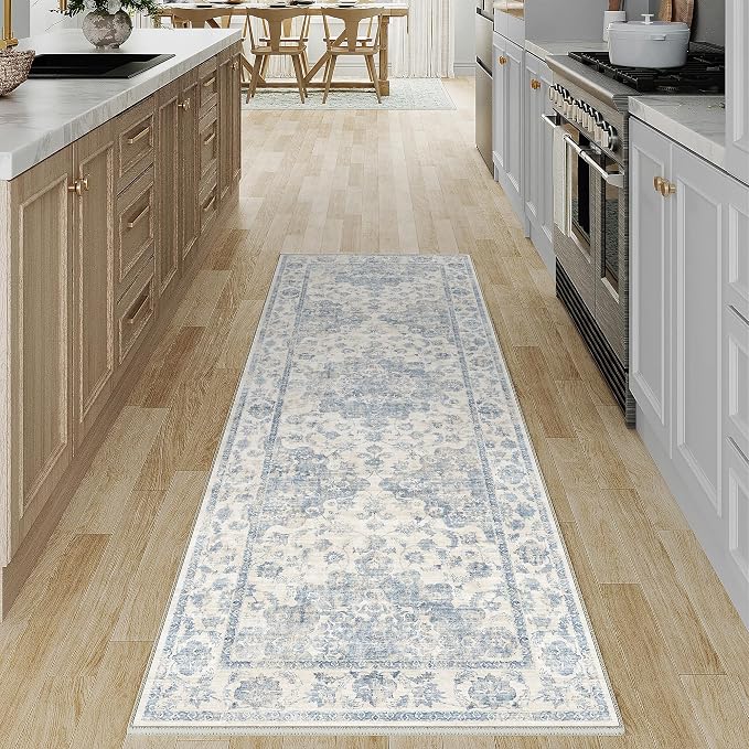 2x6 Washable Neutral Runner Rug Blue Vintage Hallway Kitchen Carpet Non-Slip - Image 2