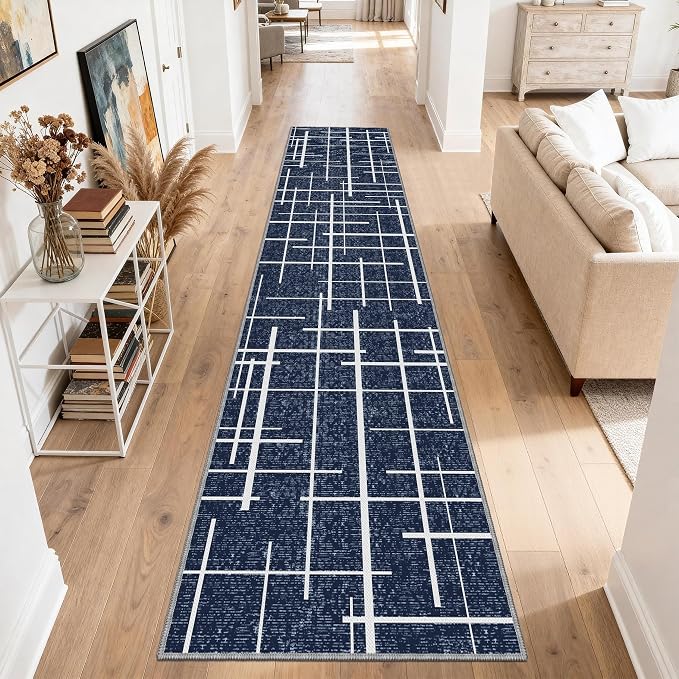 Non Slip Hallway Runner Rug 2.6x12, Modern Distressed Stripe, Washable Extra - Image 9