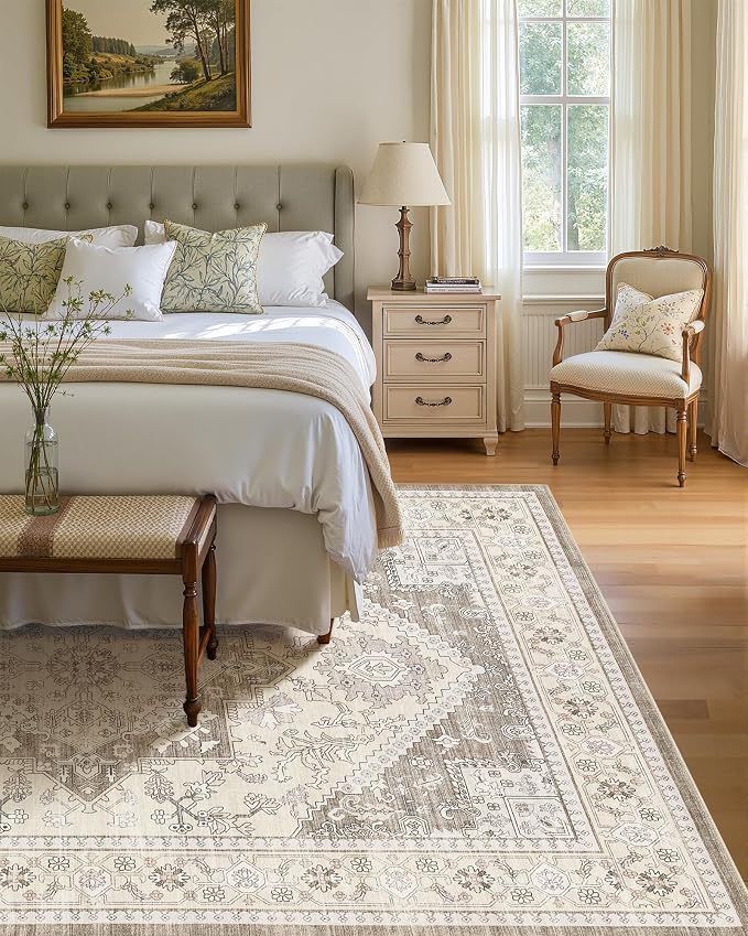 5x7 Vintage Area Rug: Washable Neutral Soft Non Slip Thin Large Floor Carpet - Image 3