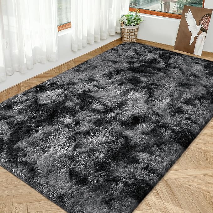 Soft Shaggy Rugs for Bedroom Living Room, 6x9 Tie-Dyed Dark Grey and Black Rug - Image 8