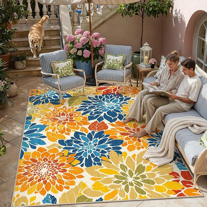 HUGEAR Floral Textured Weave Indoor Outdoor Area Rug 8X10 Washable High Traffic - Image 2